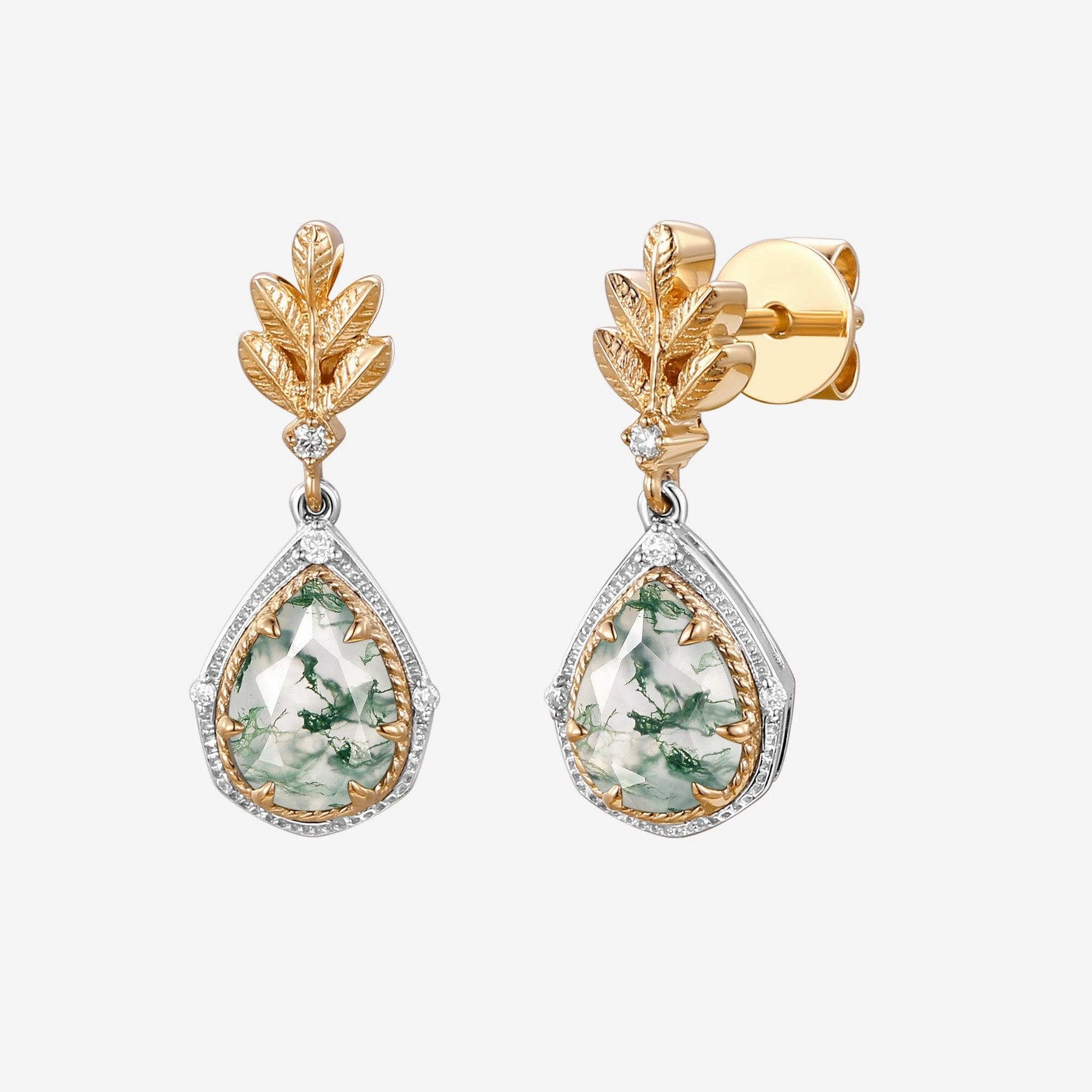 Pear Moss Agate & Moissanite Leafy Earrings Gift Idea Luxurious Craft