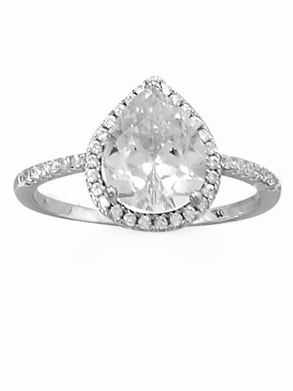 Simple Insignia Pear Shape Halo Ring Cubic Zirconia Band Rhodium on Sterling Silver