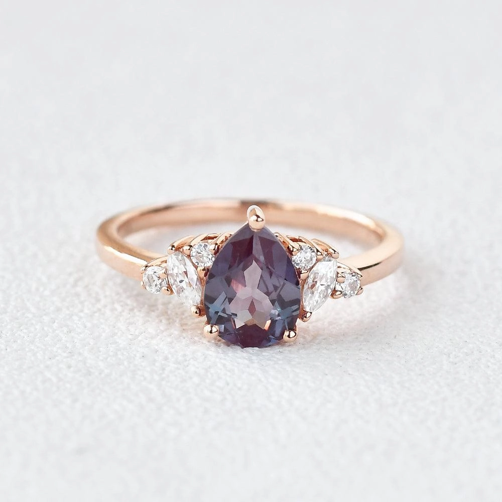 Pear Shaped Lab Alexandrite Rose Gold Ring Stunning Finish Formal Detail
