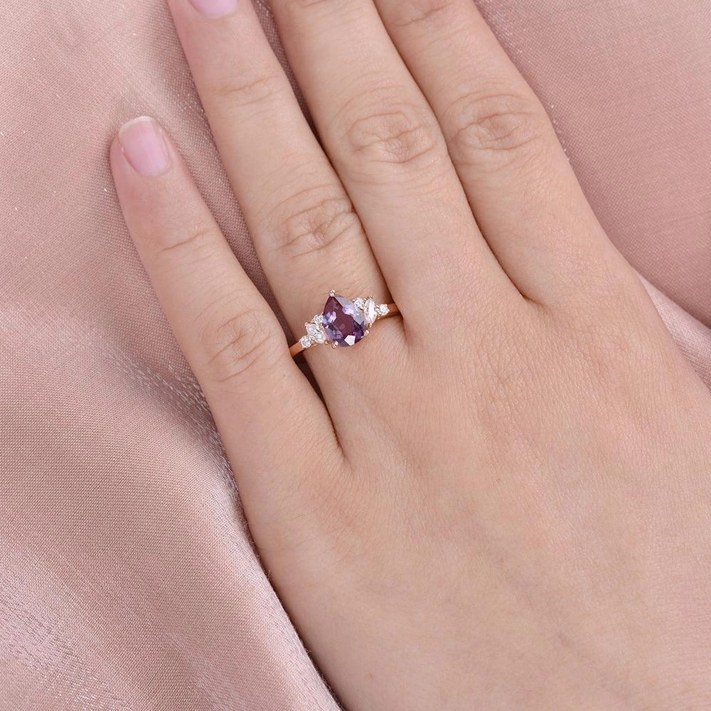 Linear Form Pear Shaped Lab Alexandrite Rose Gold Ring
