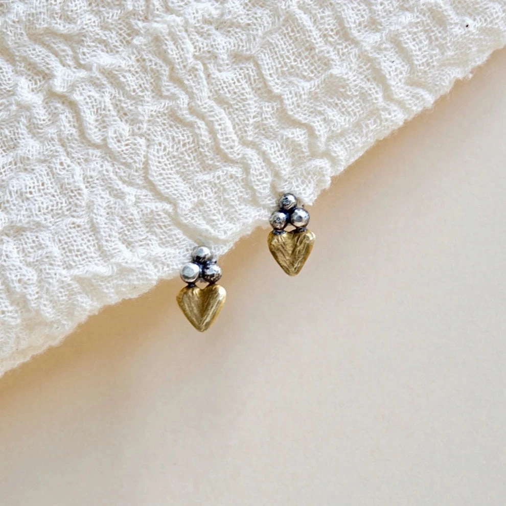 Sacred Heart Studs -Oxidized Brass   Sterling Silver Evening Trinket Avant-Garde Embellishment