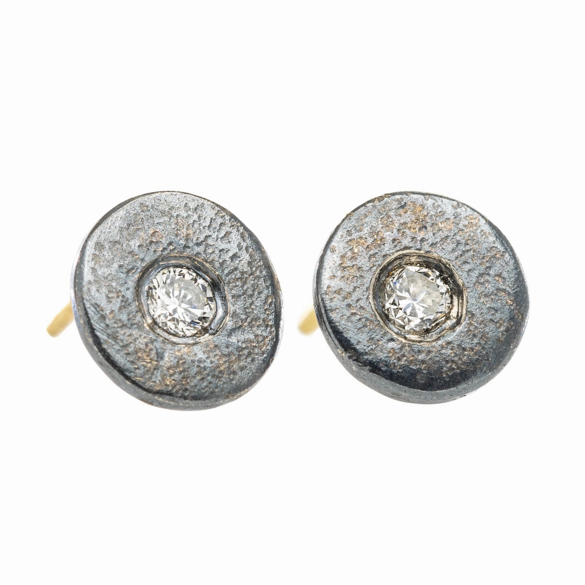 Pebble Stud Earrings - 18k Gold, Oxidized Silver   Reclaimed Diamonds Pearlescent Embellishment Sturdy Item