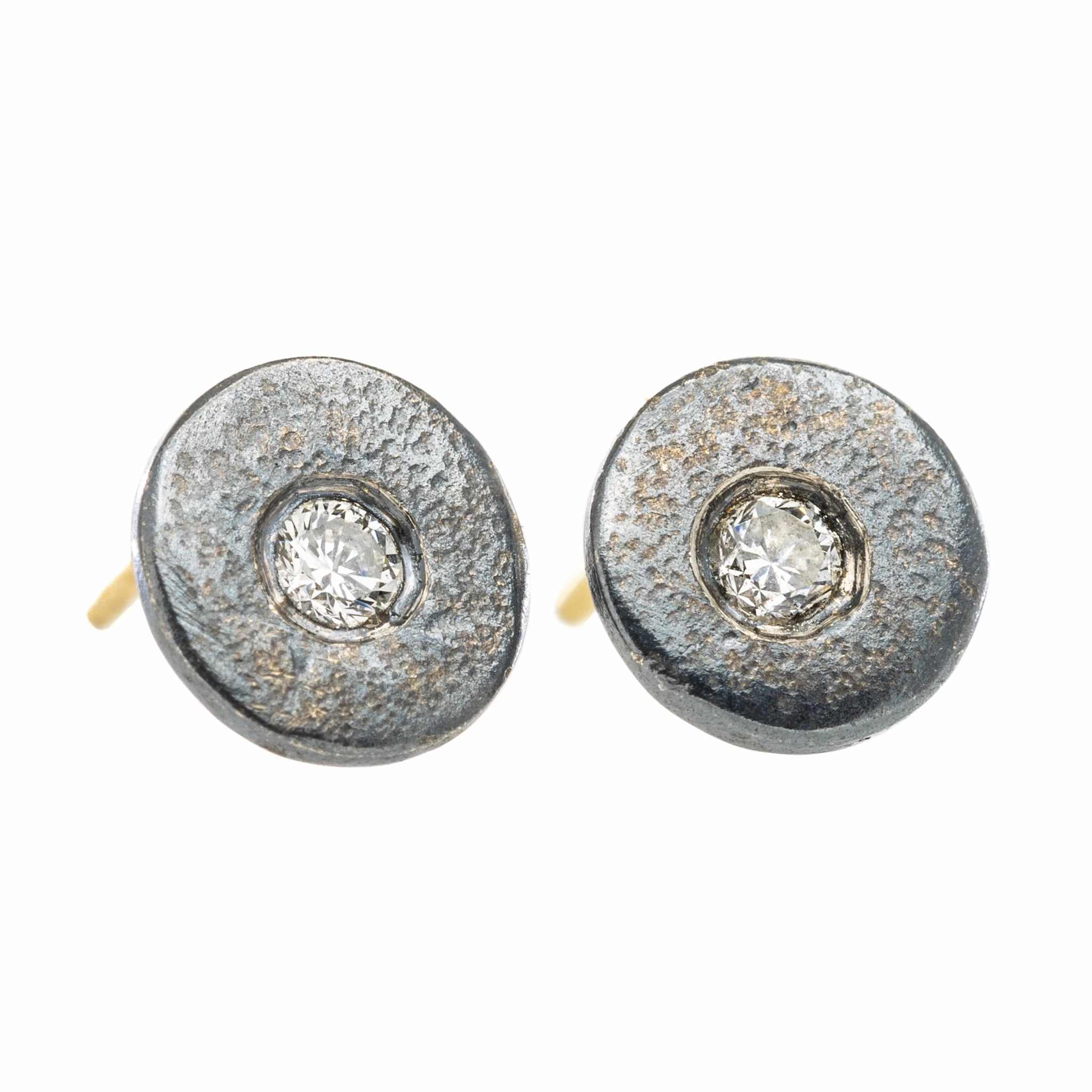 Pebble Stud Earrings - 18k Gold, Oxidized Silver   Reclaimed Diamonds Embellished piece Futuristic Accessory