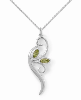 Luxury Contour Artisan Sparkle Peridot Leaf and Vine Branch Necklace Sterling Silver with Rope Chain