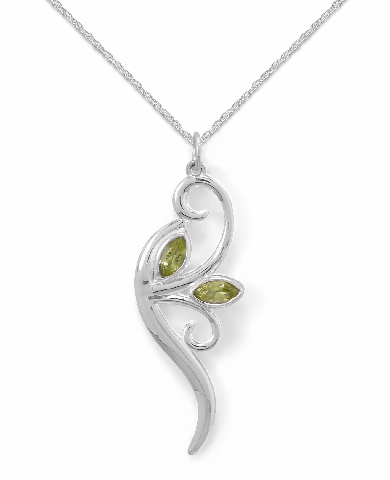 Luxury Contour Artisan Sparkle Peridot Leaf and Vine Branch Necklace Sterling Silver with Rope Chain