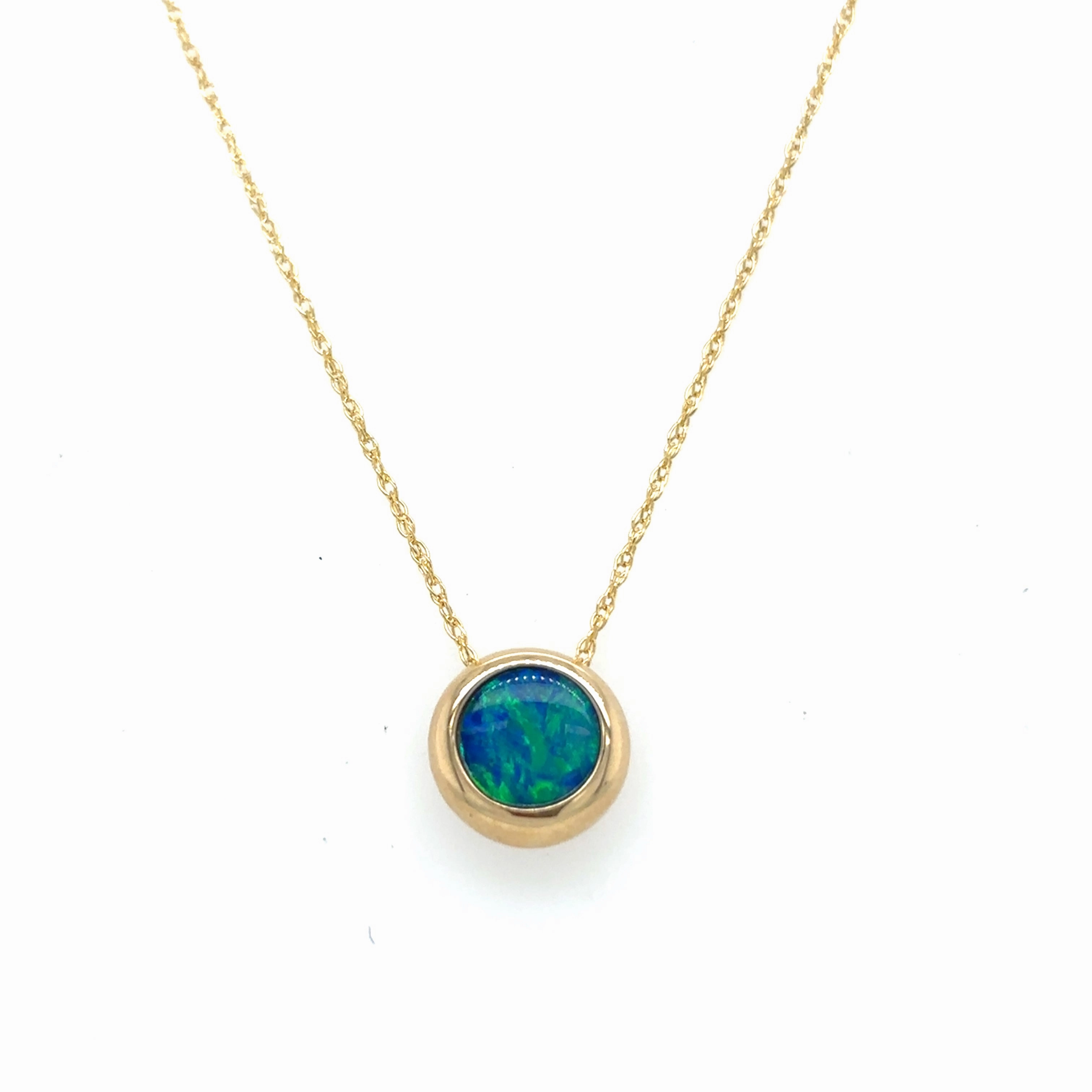 Bremer Jewelry 14K Yellow Gold Round Shape Australian Opal Doublet Bezel Necklace (.64ctw) Mother Mood Social Media Item