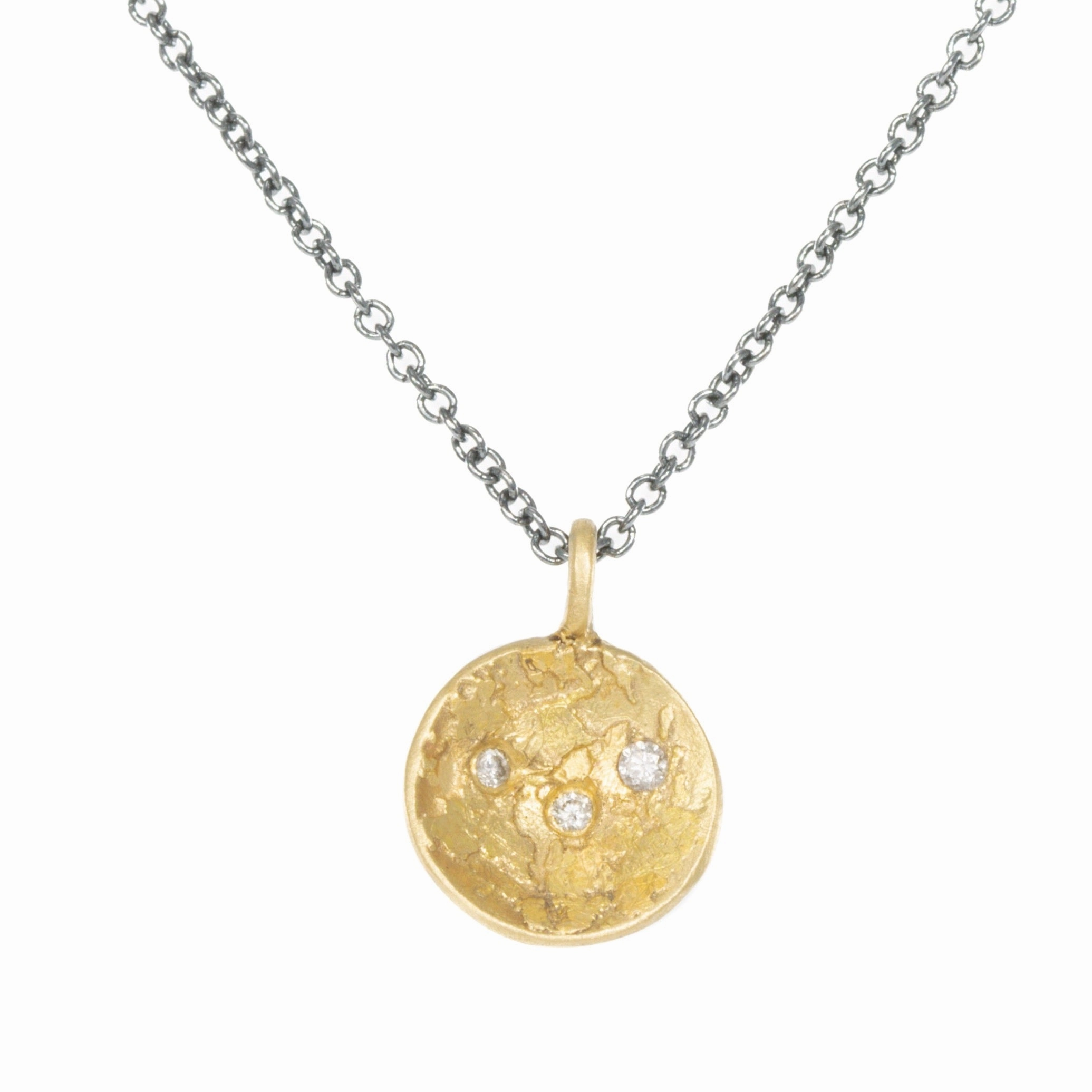 Petite Double Gold Moon Surface Pendant - 18ky Gold, Oxidized Silver   Reclaimed VS White Diamonds Superb Piece