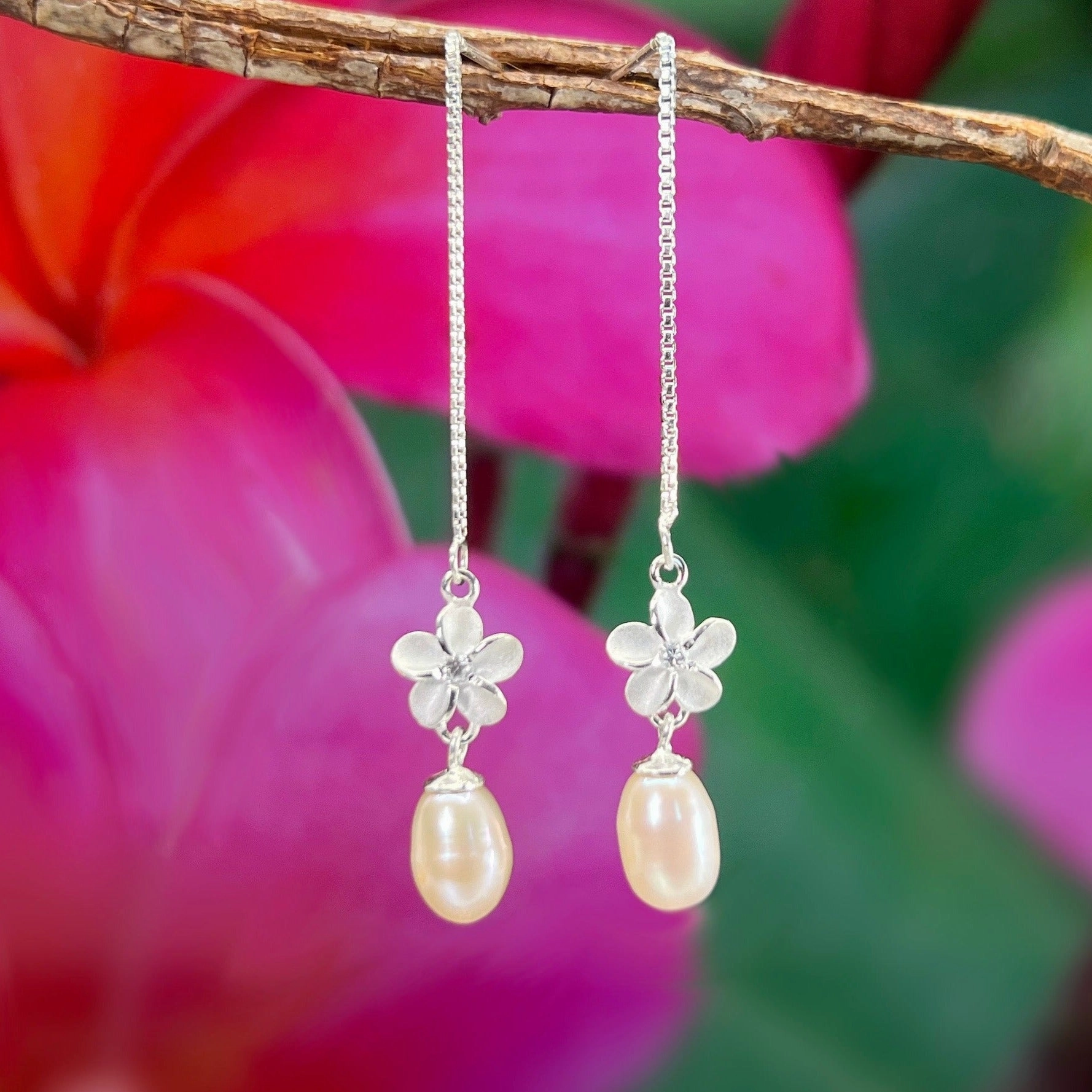 Plumeria Flower Pearl Drop Earrings Circular Adornment Shiny Accent