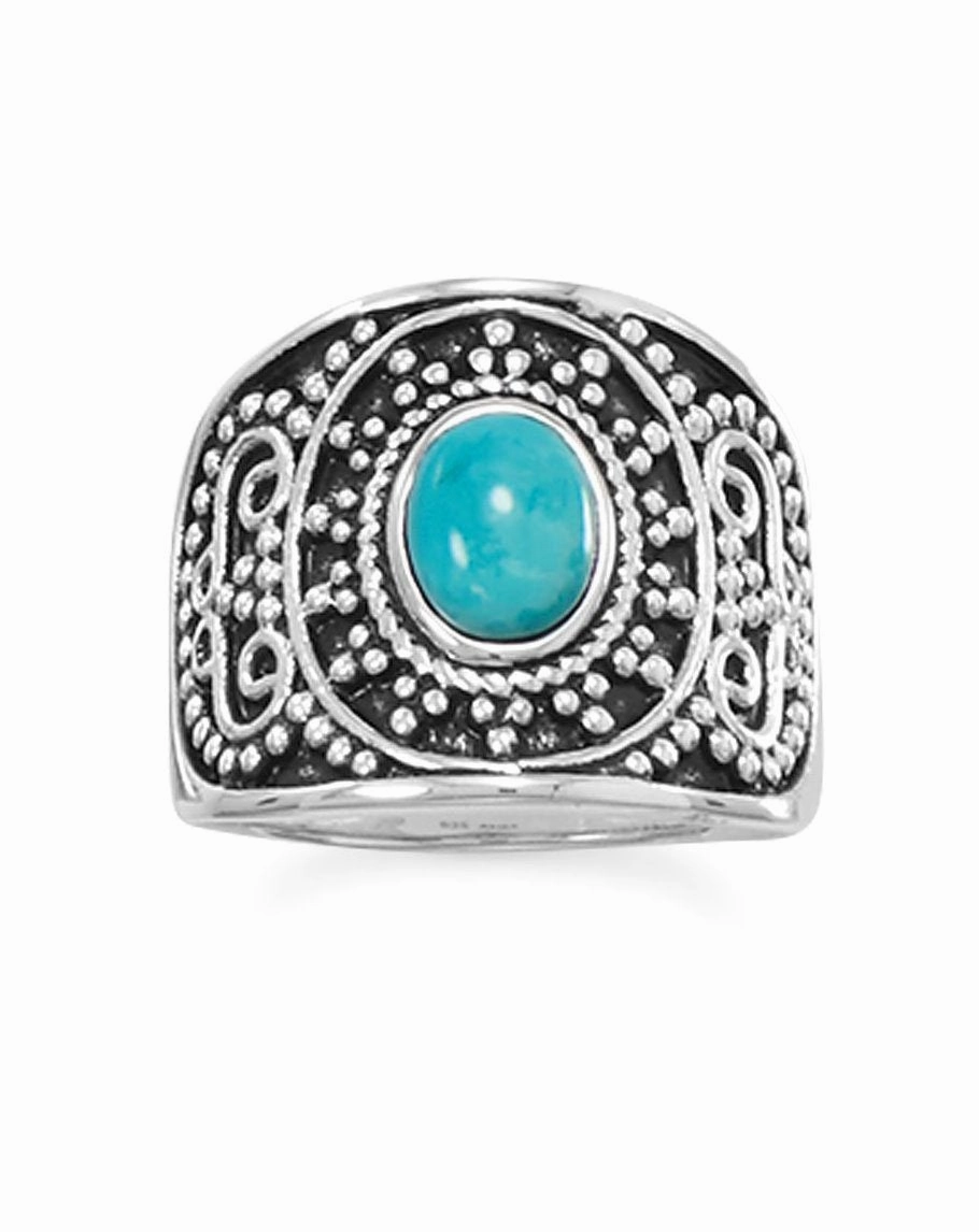 Reconstituted Turquoise Ring with Antiqued Bead Design Sterling Silver Love Token Exclusive Symbol