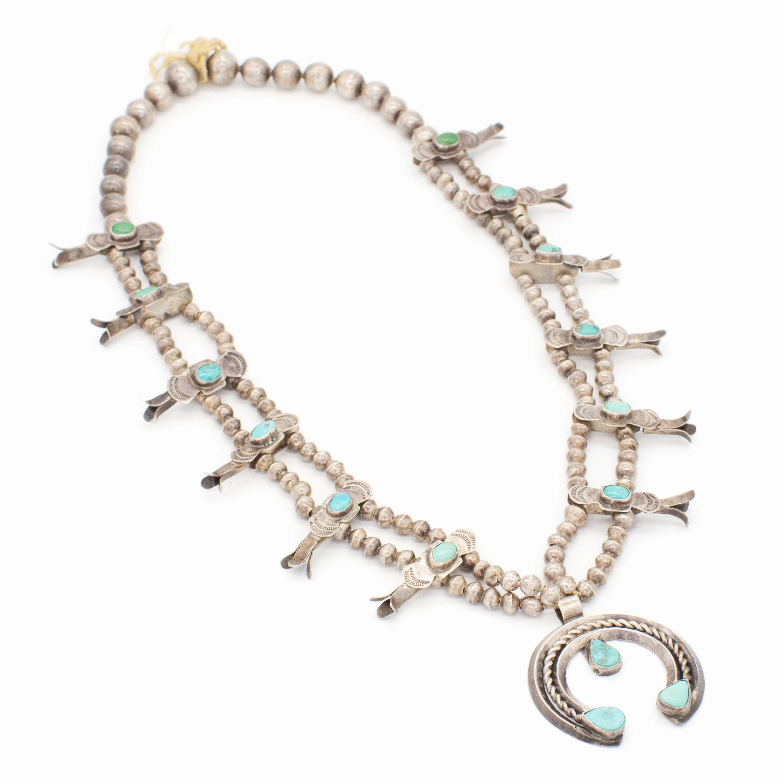 Vintage 1930's Natural Turquoise Box Bow Squash Blossom Necklace Chic Gem