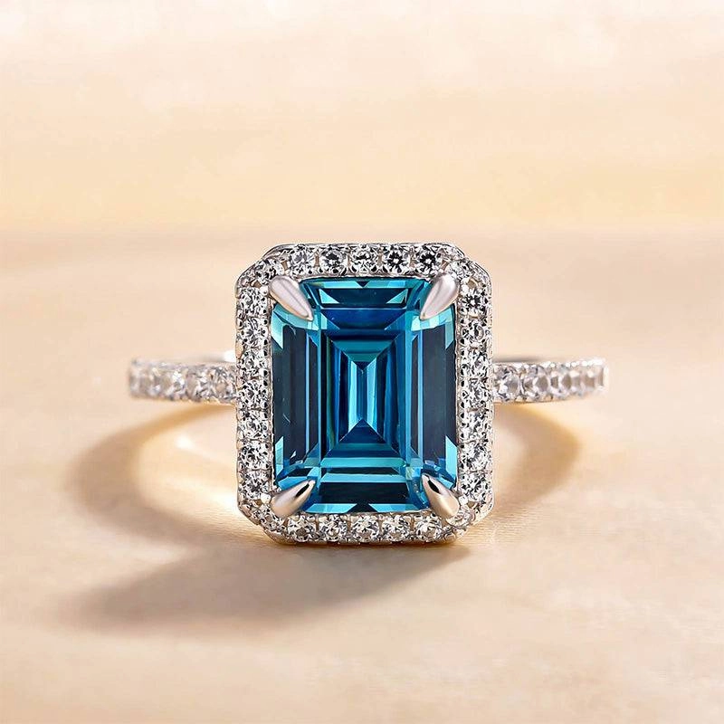 Layered Design Louily Halo Emerald Cut Light Aquamarine Blue Engagement Ring In Sterling Silver