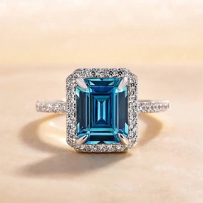 Louily Halo Emerald Cut Light Aquamarine Blue Engagement Ring In Sterling Silver Vibrant Form