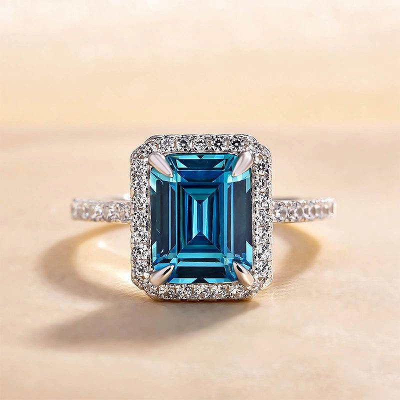Louily Halo Emerald Cut Light Aquamarine Blue Engagement Ring In Sterling Silver Vibrant Form