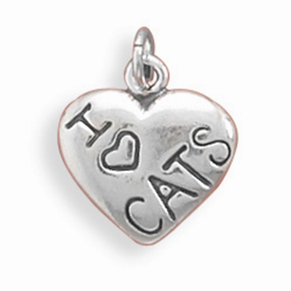 Romantic Finish Alluring Accent I Love CATS Heart Charm Sterling Silver