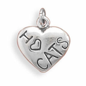 Romantic Finish Alluring Accent I Love CATS Heart Charm Sterling Silver