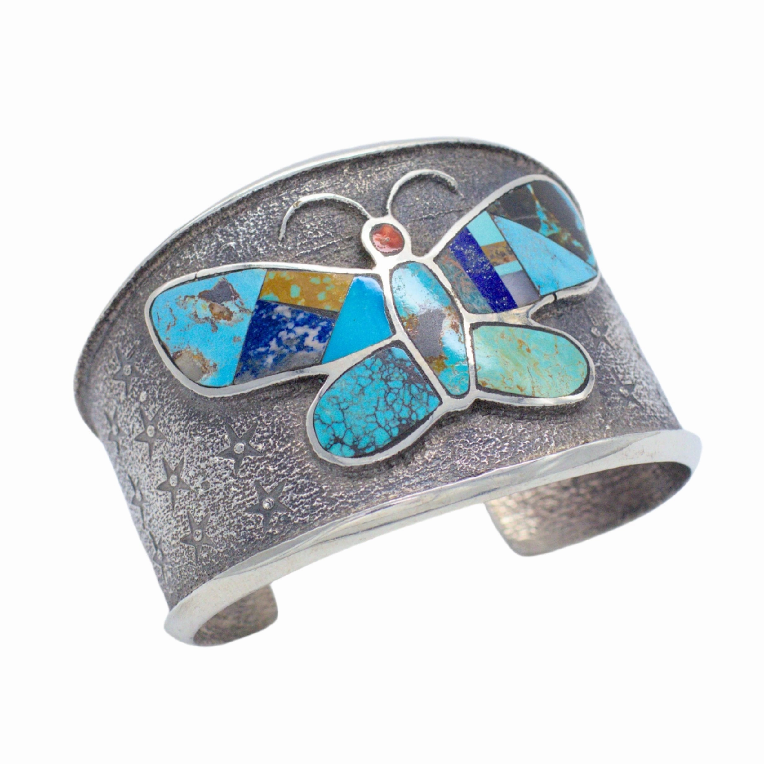 Monty Claw Handmade Navajo Sterling Silver Multi-Turquoise Inlay Bracelet Simple Edge Layered Mood