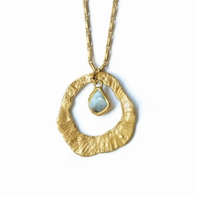 Whirlpool Long Chain  Solo Pendant - Brass   Aquamarine Rare Accessory