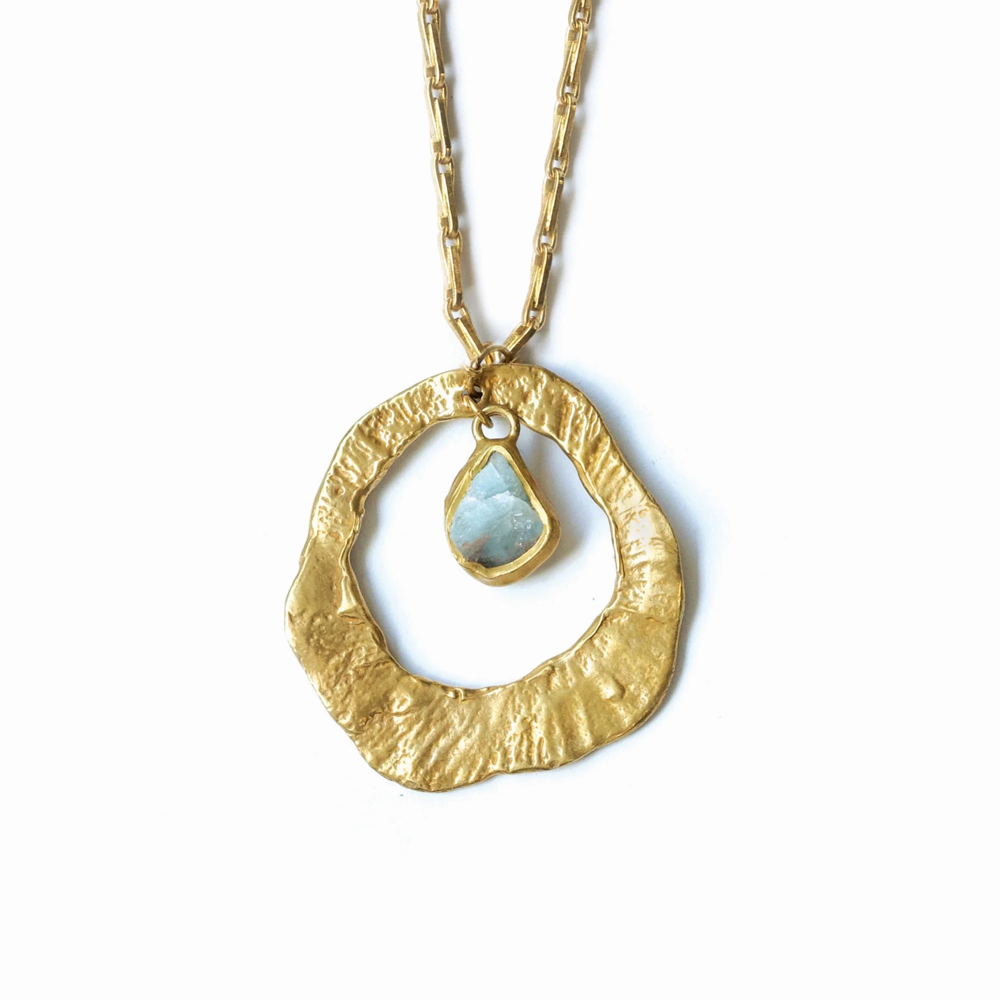 Whirlpool Long Chain  Solo Pendant - Brass   Aquamarine Rare Accessory