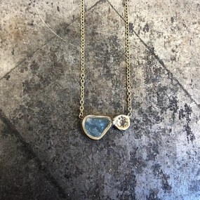 Moon & Stars Pendant - 14k Gold, Aquamarine   White Sapphire Vintage Edge Wedding Day Item