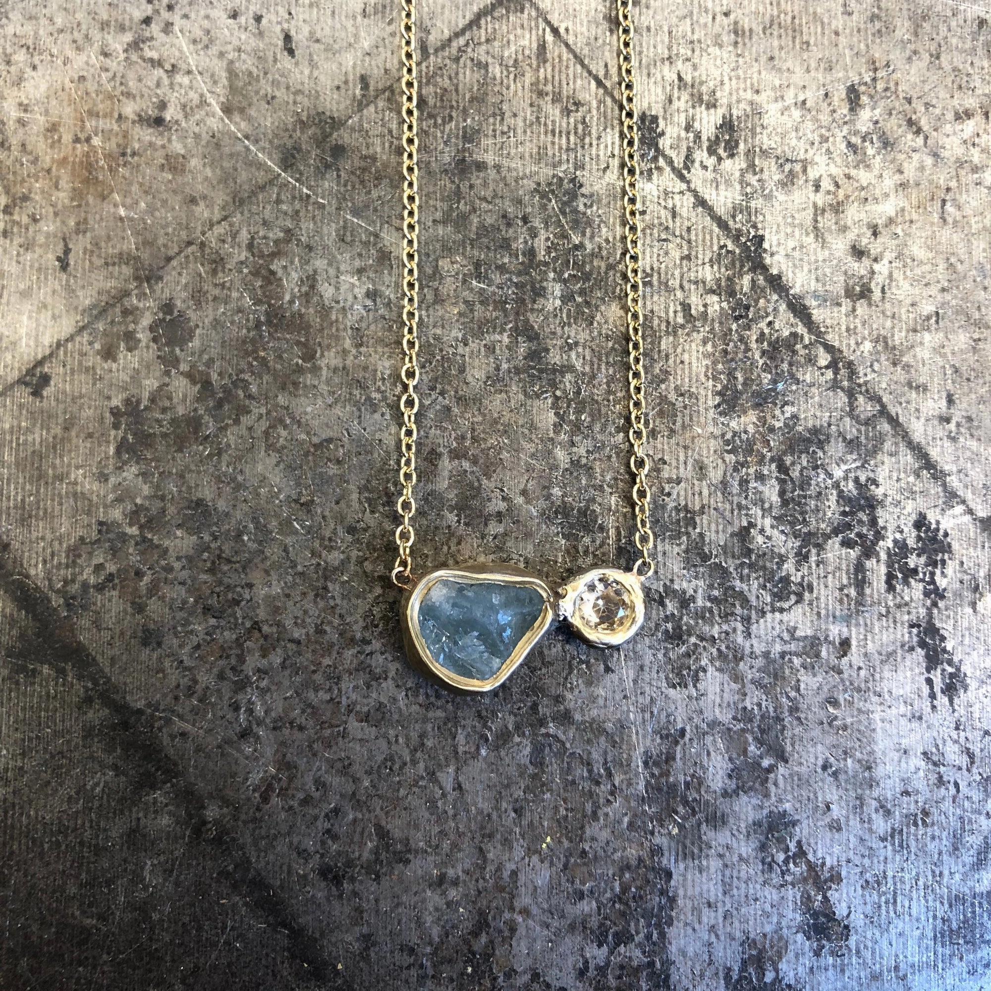 Moon & Stars Pendant - 14k Gold, Aquamarine   White Sapphire Vintage Edge Wedding Day Item