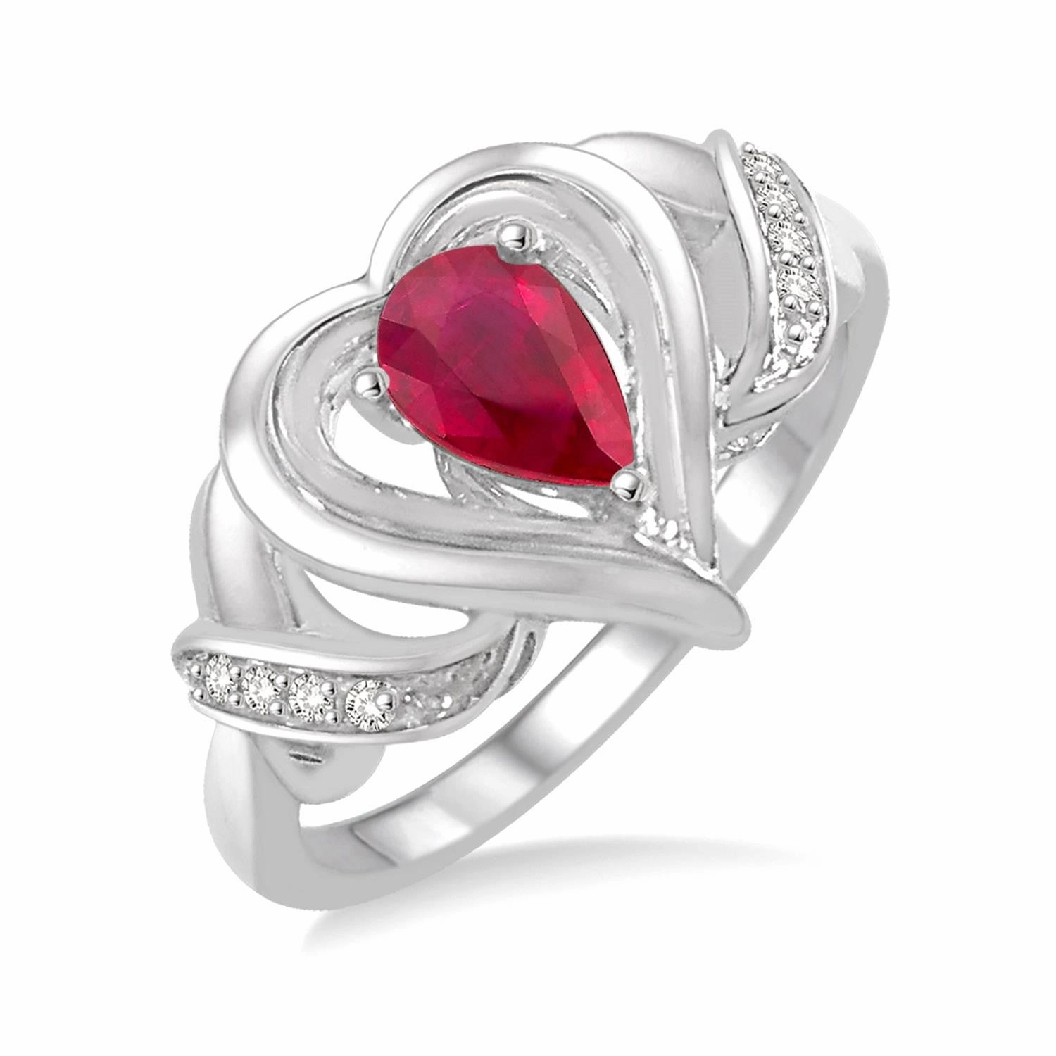 Triangular Embellishment Stunning Accent Silver Heart Shape Ruby & Diamond Fashion Ring