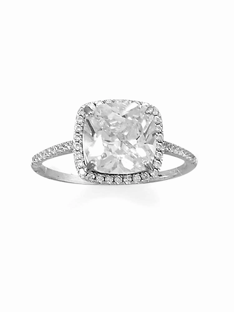 Square Shape Halo Ring Cubic Zirconia Band Rhodium on Sterling Silver Model Jewelry Bold Look