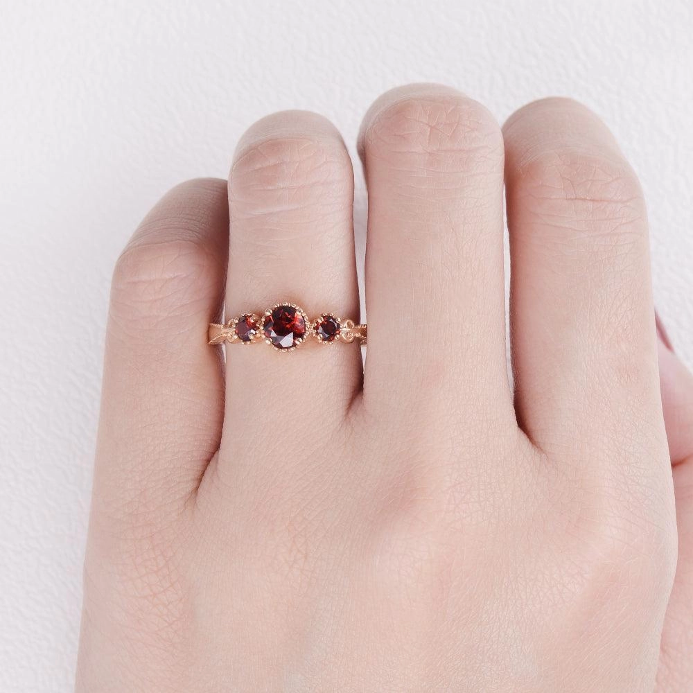 Elegant Detailing Garnet Three-stone Petite Stacking Ring