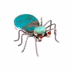 Flawless Sparkle All Season Herbert Ration Navajo Handmade 925 Sterling Silver Turquoise Spider Pin (Mediterranean Coral Eyes)
