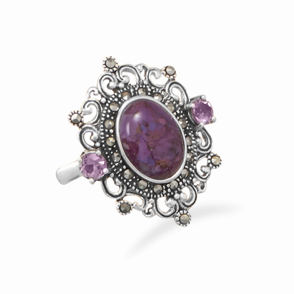 Purple Reconstituted Turquoise Ring with Amethyst and Marcasite Sterling Silver Graceful Choice