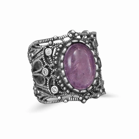 Wide Band Vintage Style Amethyst Ring with Cubic Zirconia CZ Accents Branded Ornament