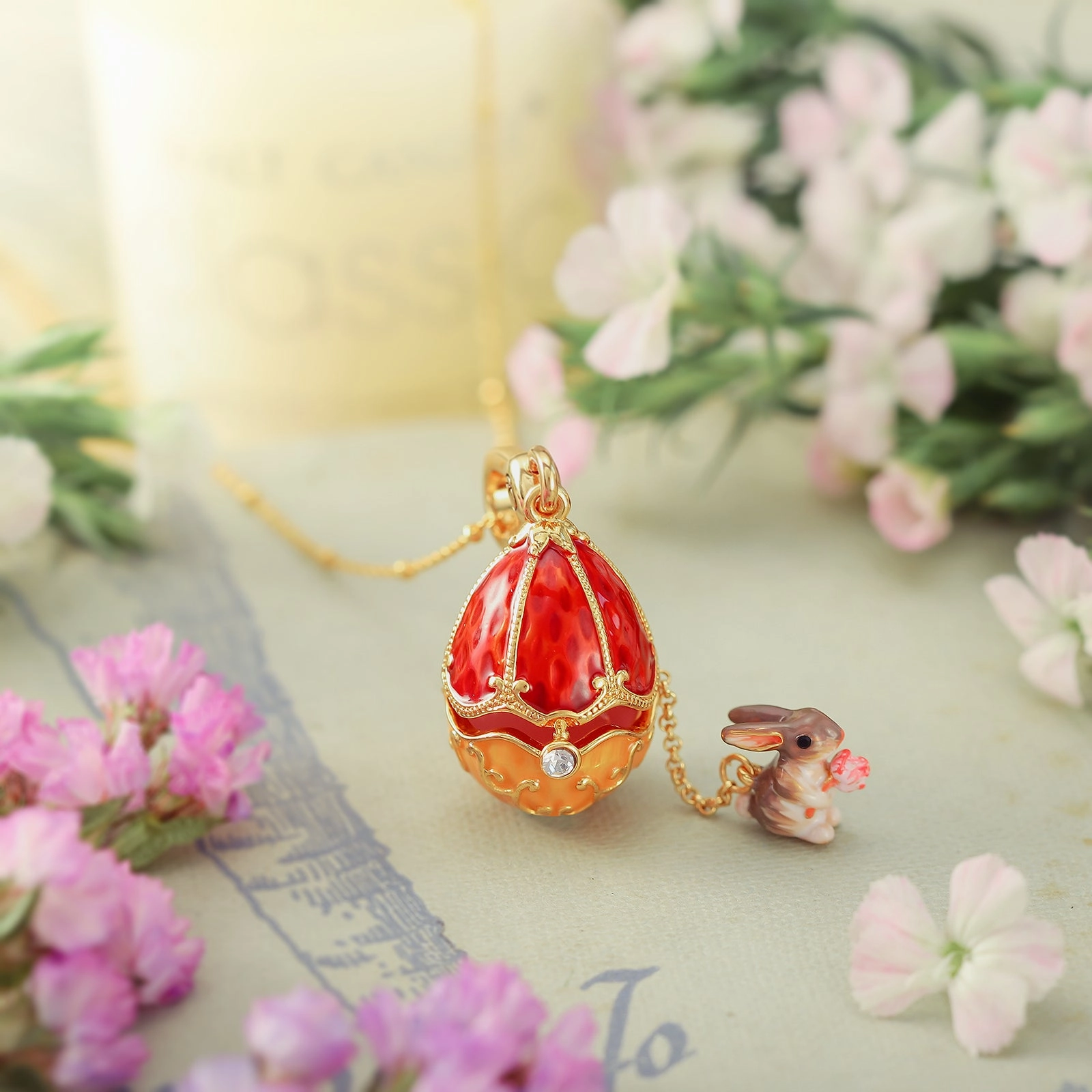 Rabbit & Rose Easter Egg Locket Necklace Perfect Ornament