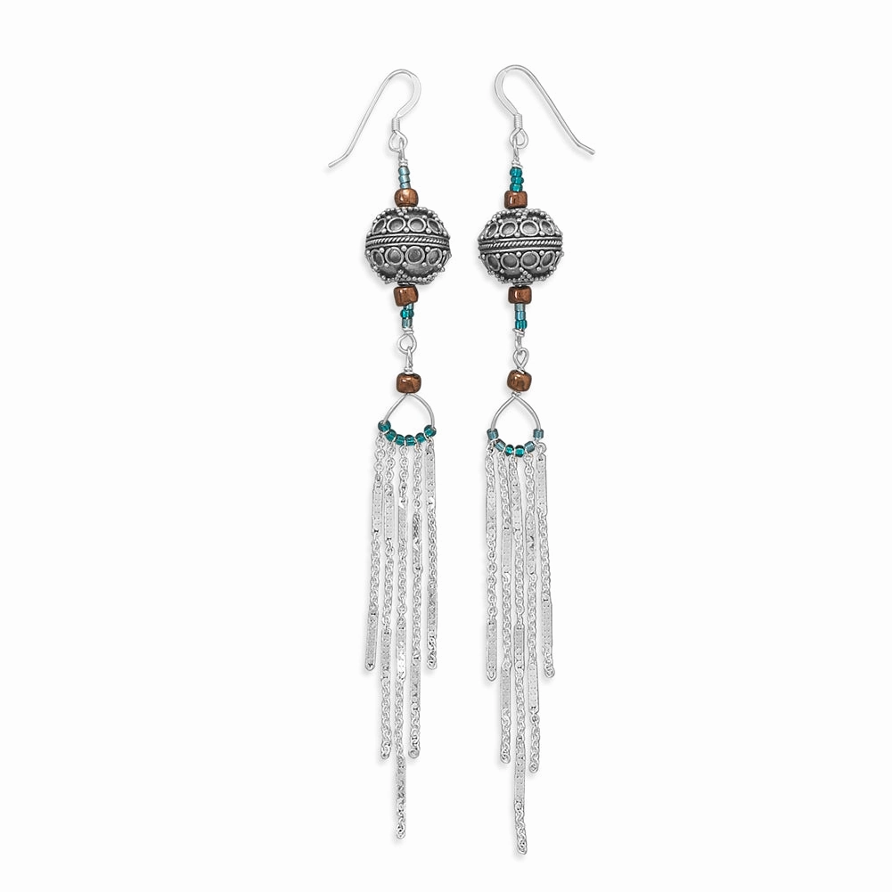 Classic Glow Classic Detailing Extra Long Bali Bead Chain 5-inch Drop Earrings Sterling Silver