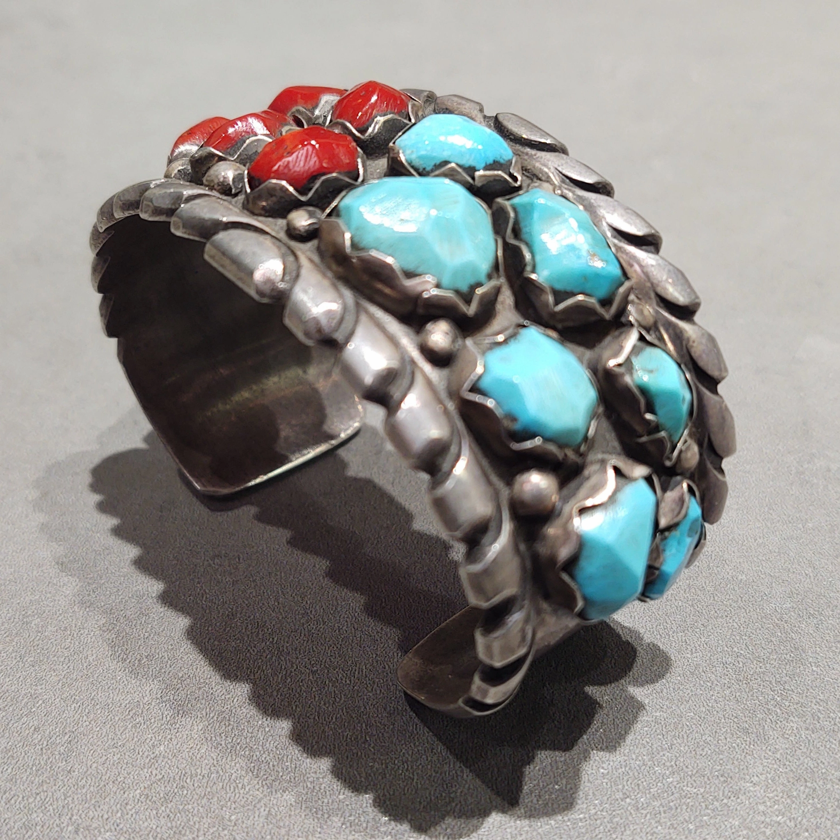 Gloss Accent Wayne Cheama Zuni Sterling Silver Turquoise Coral Bracelet - Handmade Native American