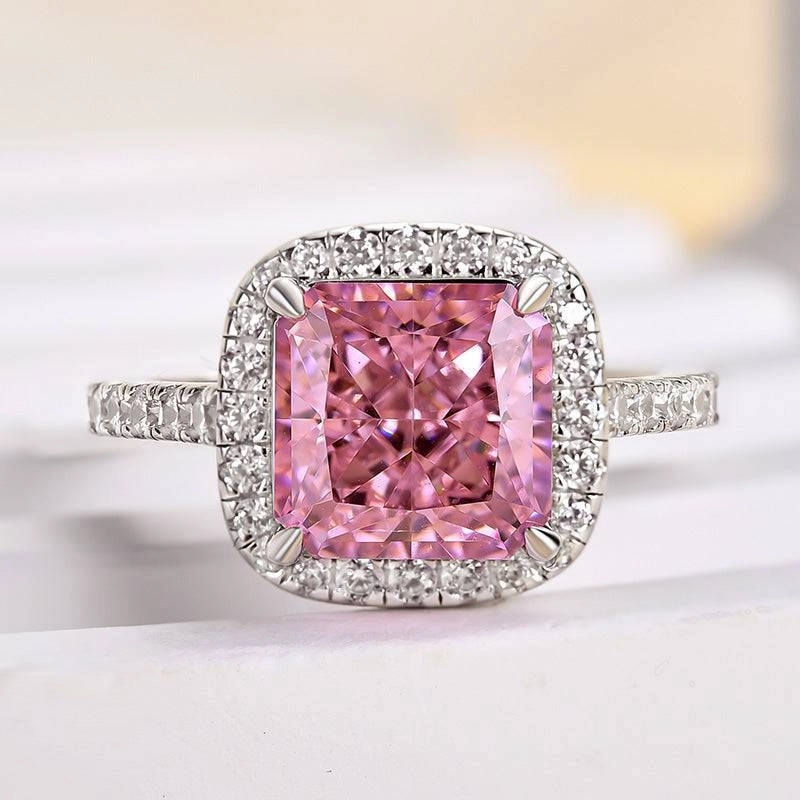 Louily Lovely Halo Radiant Cut Pink Stone Engagement Ring Eye-catching Design Chic Pick
