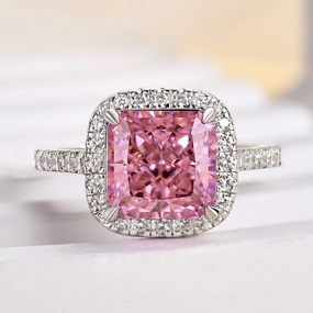 Soft Lighting Clear Finish Louily Lovely Halo Radiant Cut Pink Stone Engagement Ring