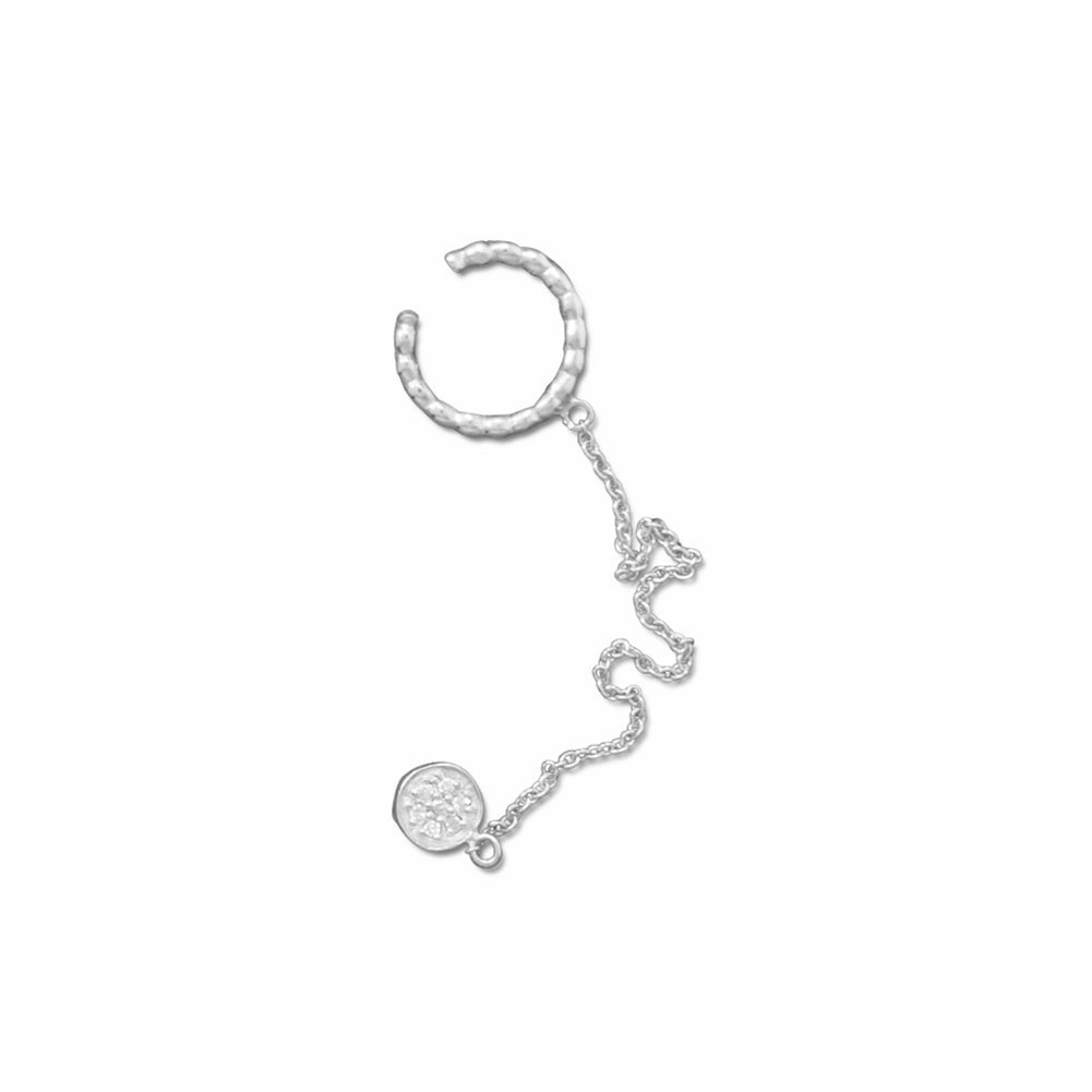 Formal Attire Stud Earring with Ear Cuff and Chain Cubic Zirconia Rhodium on Sterling Silver