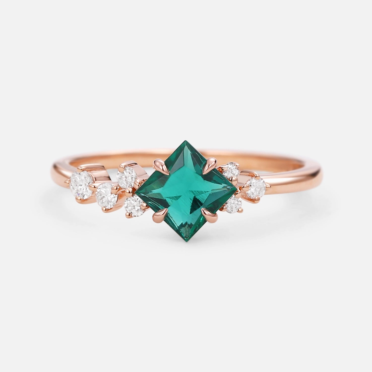 Princess Cut Moss Agate & Moissanite Rose Gold Ring Quick Match Delicate Frame