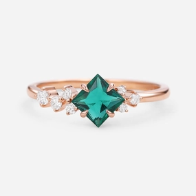 Princess Cut Moss Agate & Moissanite Rose Gold Ring Quick Match Delicate Frame