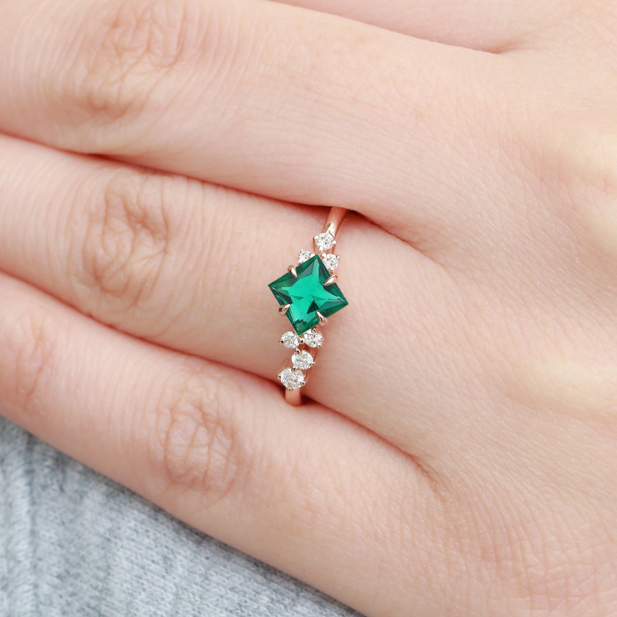 Princess Cut Moss Agate & Moissanite Rose Gold Ring Sophisticated Element Everyday Pieces