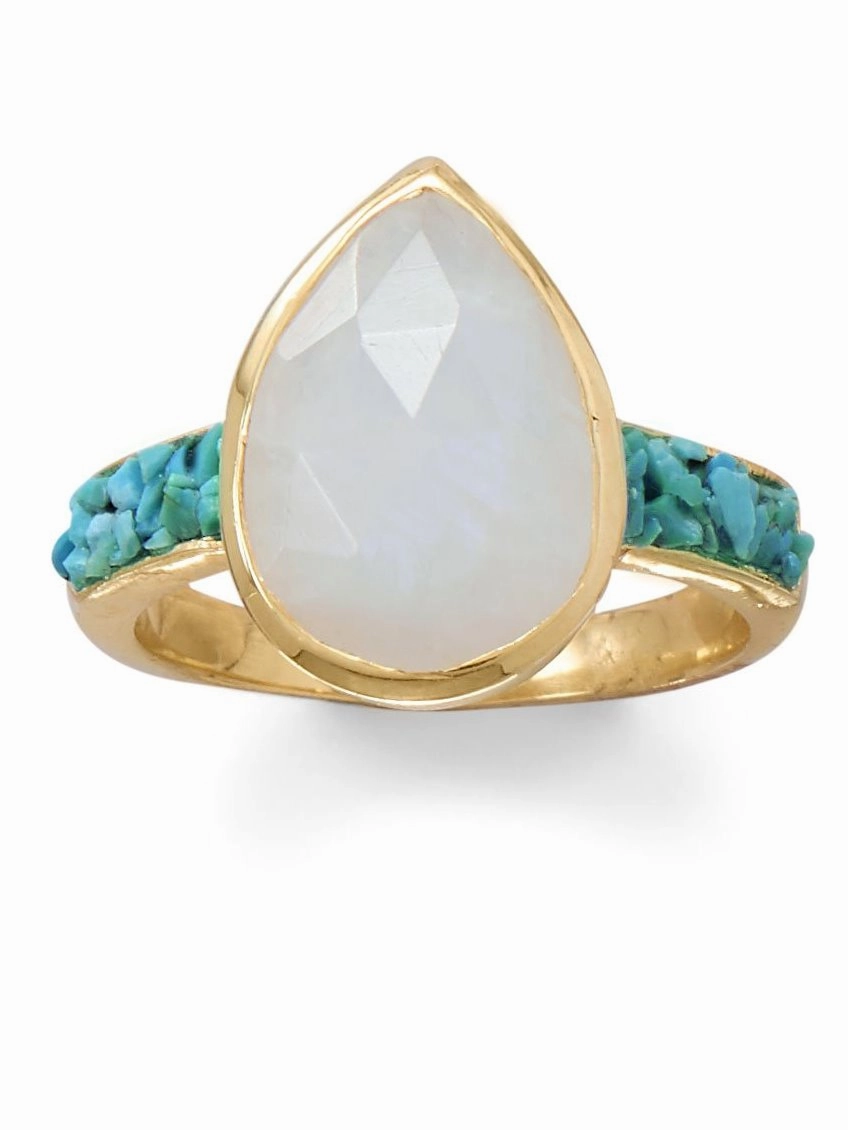 Rainbow Moonstone and Turquoise Ring Gold-plated Sterling Silver Classic Craft Beauty Accessory