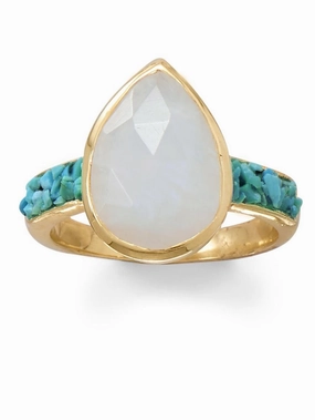 Rainbow Moonstone and Turquoise Ring Gold-plated Sterling Silver Classic Craft Beauty Accessory