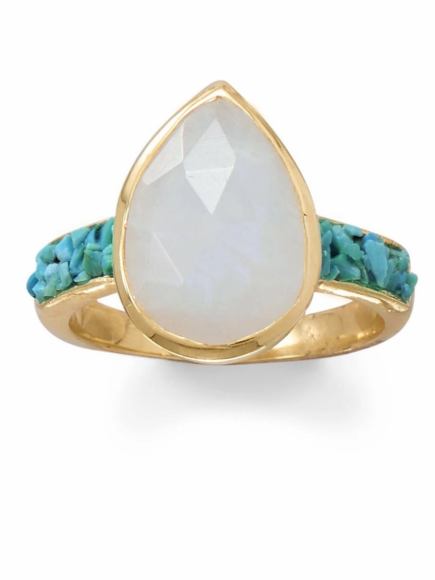 Beautiful Insignia Rainbow Moonstone and Turquoise Ring Gold-plated Sterling Silver