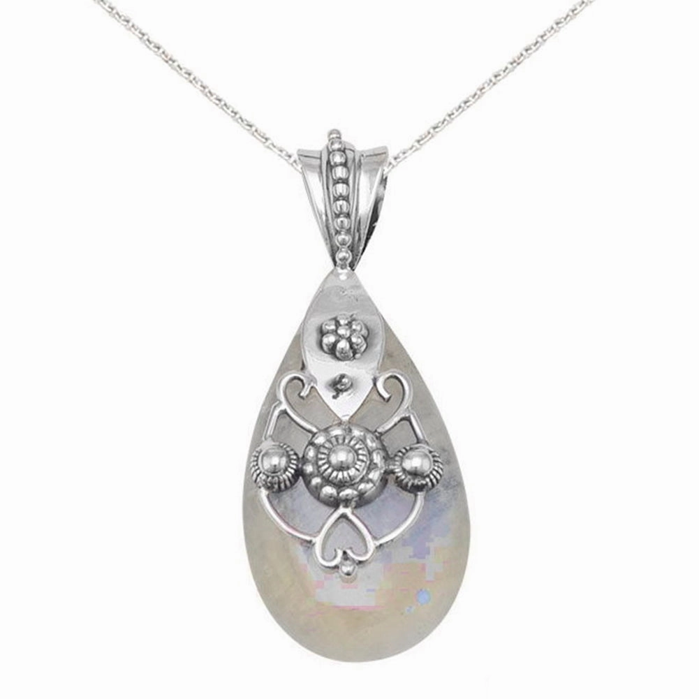 Everyday Appeal Rainbow Moonstone Pendant Heart and Bead Sterling Silver Design, Chain included