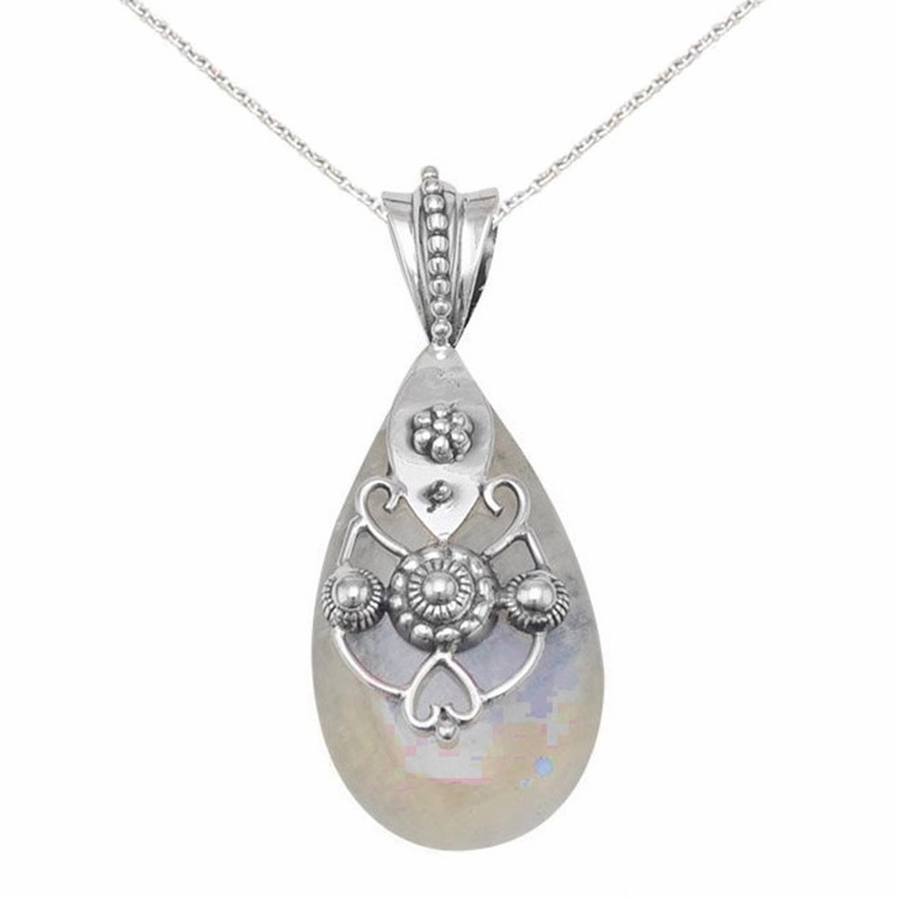 Light Detail Rainbow Moonstone Pendant Heart and Bead Sterling Silver Design, Chain included