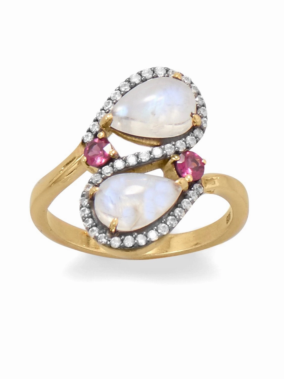 Rainbow Moonstone Rhodolite CZ Ring Two-tone Black Rhodium Gold-plated Silver Amazing Piece