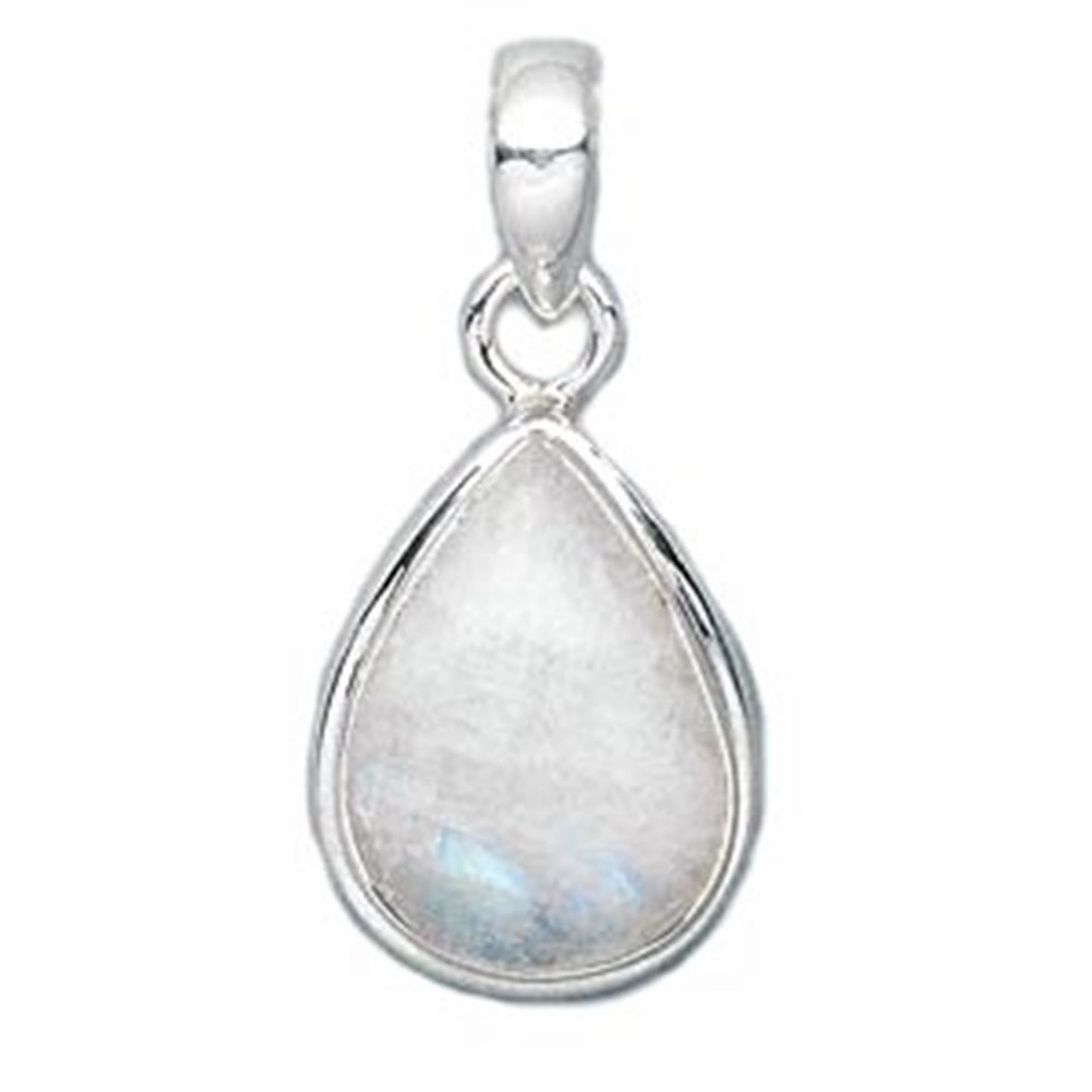 Quiet Grace Handcrafted Jewelry Rainbow Moonstone Teardrop Pear Shape Pendant Polished Sterling Silver