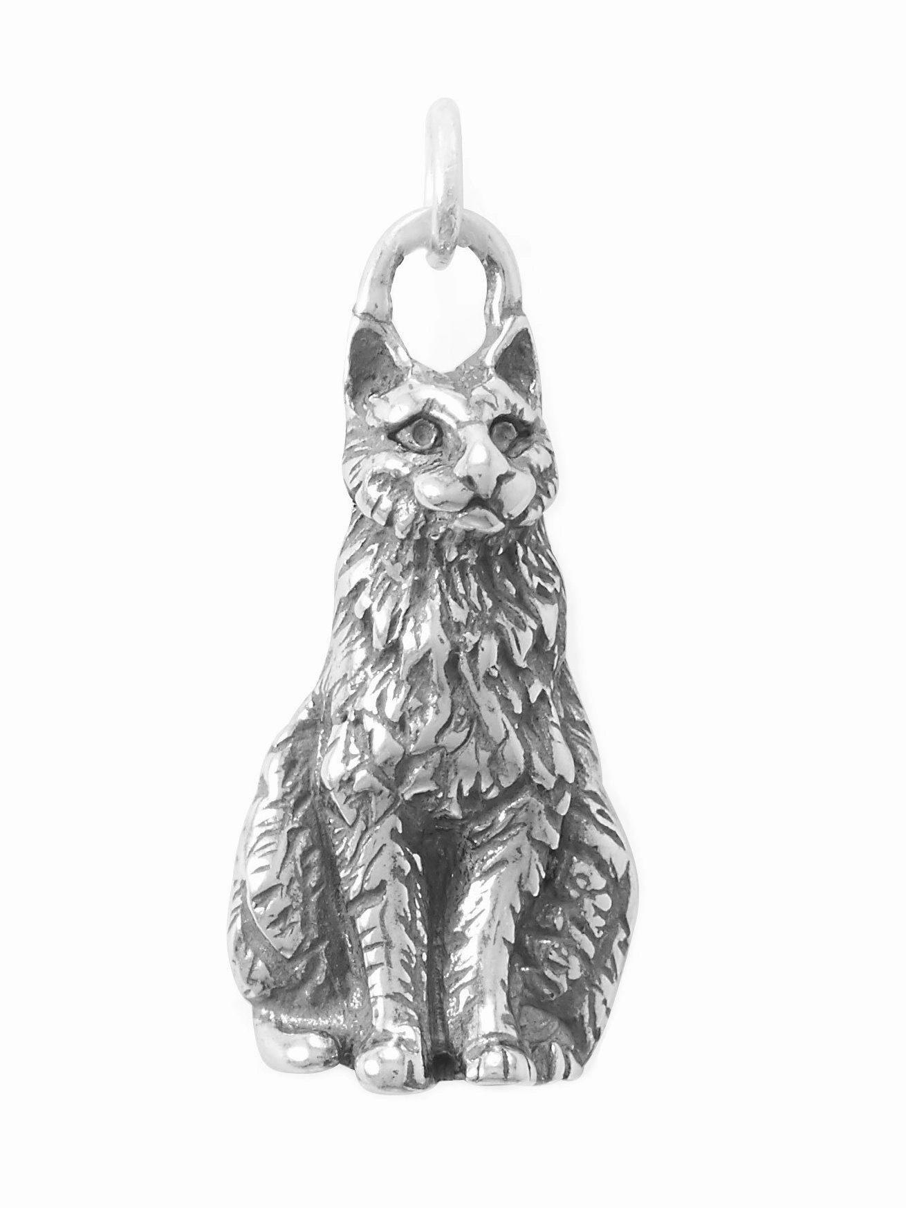 Stylish Highlight Realistic Sitting Cat Charm Sterling Silver