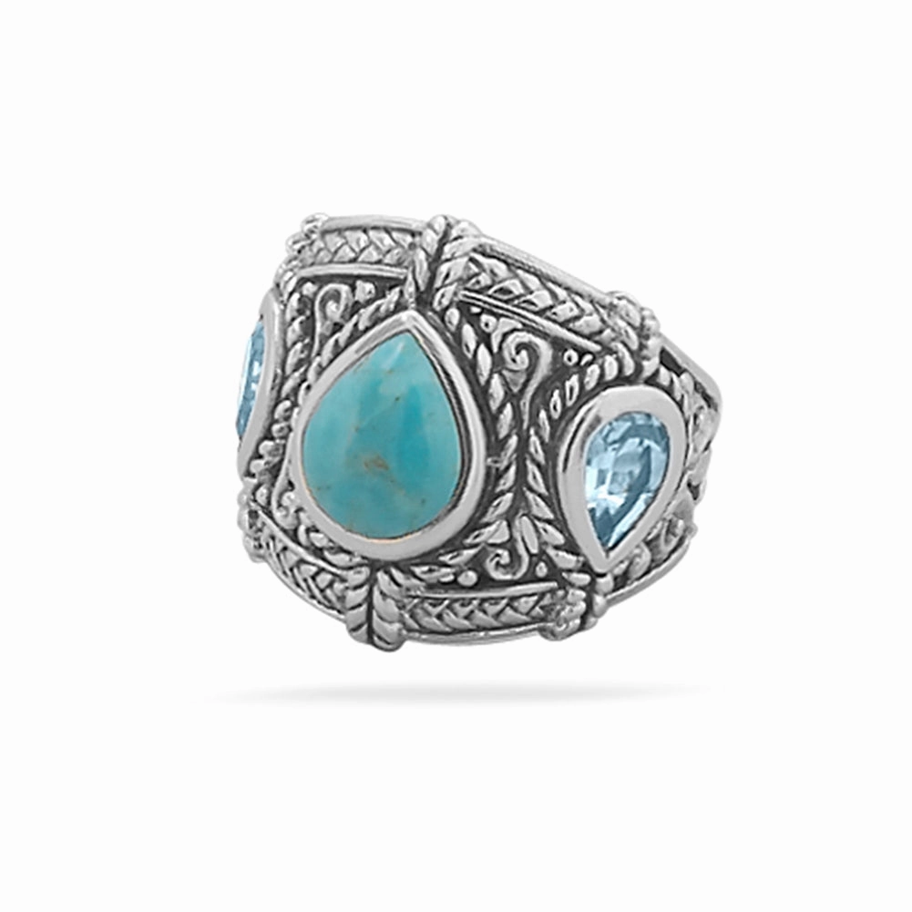 Reconstituted Turquoise and Blue Topaz Ring Sterling Silver Band Antique Finish Artisan Article