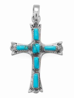 elegant design Modern Vibe Reconstituted Turquoise Cross Rectangle Stones Sterling Silver, Pendant Only