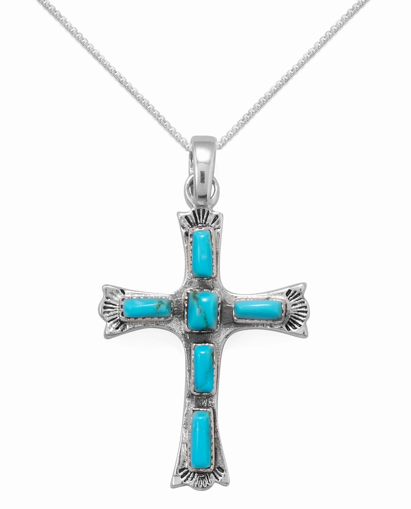 Reconstituted Turquoise Fleuree Cross Necklace Sterling Silver with Rope Chain Special Occasion Gift